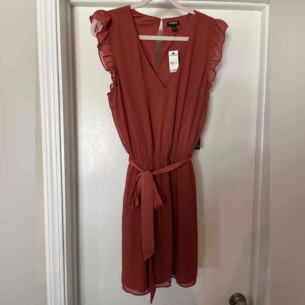 Elegant Rust Dress with Ruffle Sleeves
